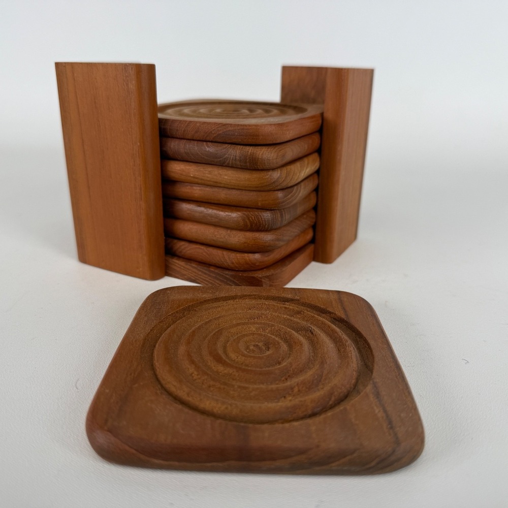Vintage 8 Set TEAKWOOD Dolphin MCM Solid Wood Coaster & Carrier